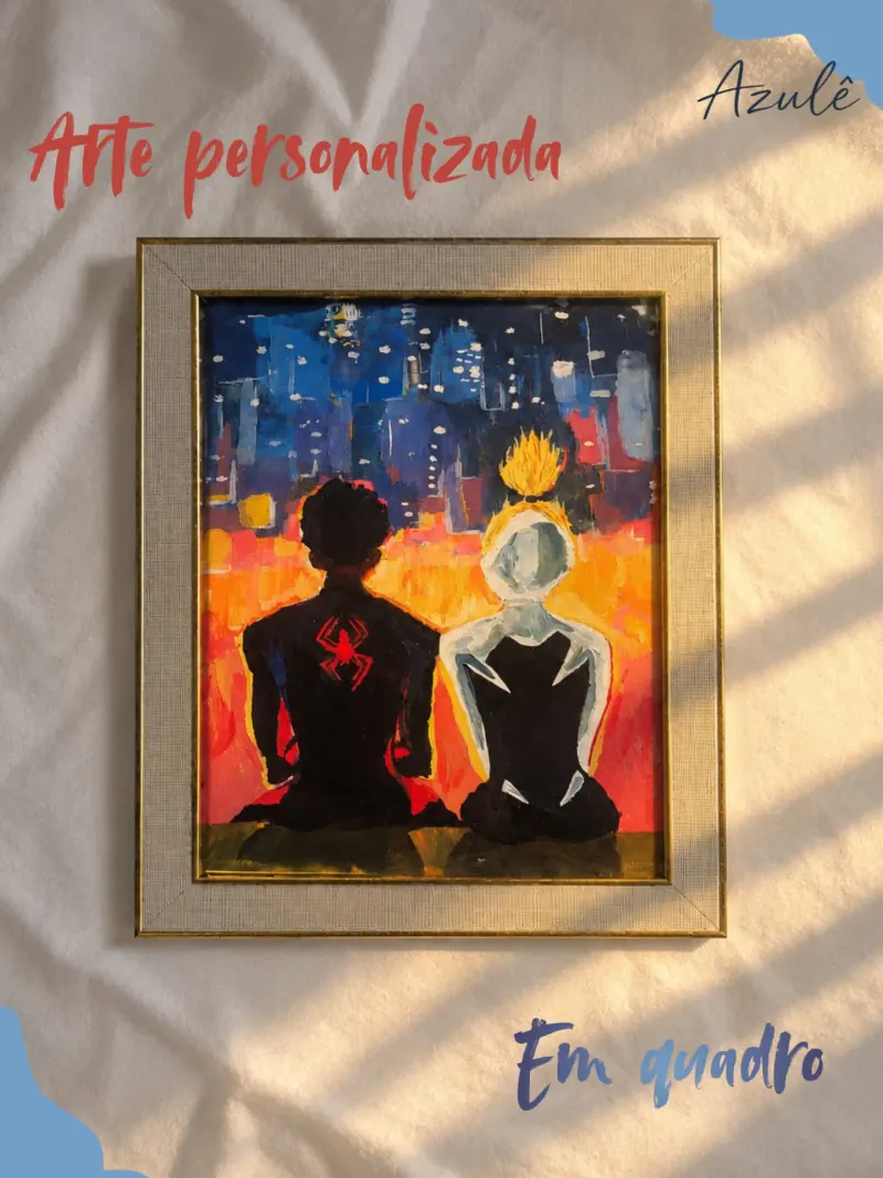 Quadro emoldurado com uma pintura de dois personagens de costas diante de uma cidade ao pôr do sol